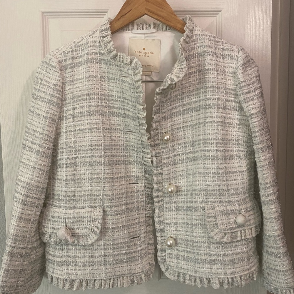 Kate Spade white and silver tweed skirt suit with pearl buttons